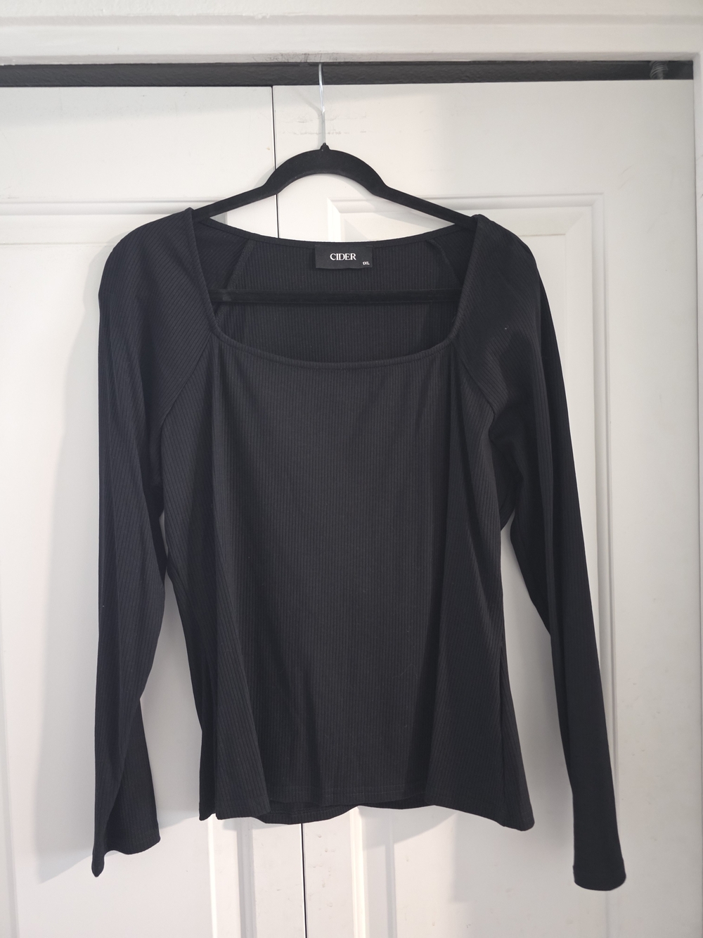 Cider Black Ribbed Square Neck Long Sleeve Top